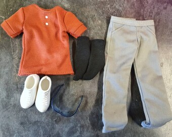 Male Doll Clothing Red T-Shirt Grey Trousers, Boots, Socks & Sunglasses Outfit Compatible with Ken Dolls