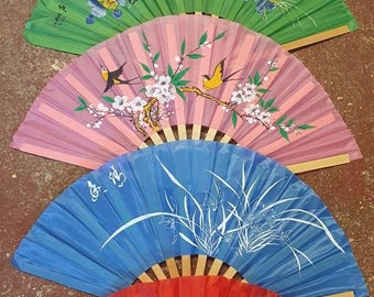 5x Colourful Decorative Geisha Japanese Burlesque Hand Fans: Wood & Fabric for Wedding Favours, Hot Summers, Gifts