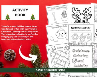 May include: A printable Christmas coloring and activity book with a red background and a white border. The book features a variety of activities, including coloring pages, connect-the-dots, mazes, and word searches. The book is perfect for kids of all ages.