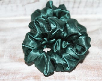 Dark Green Satin Scrunchie – Large Handmade Hair Accessory, Bridal Style