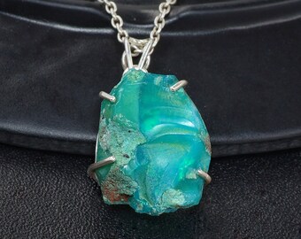 Natural Green Ethiopian Opal Multi Rainbow Fire Raw Crystal Pendant Necklace Pure 925 Sterling Silver In Prong Setting Opal Pendant Necklace