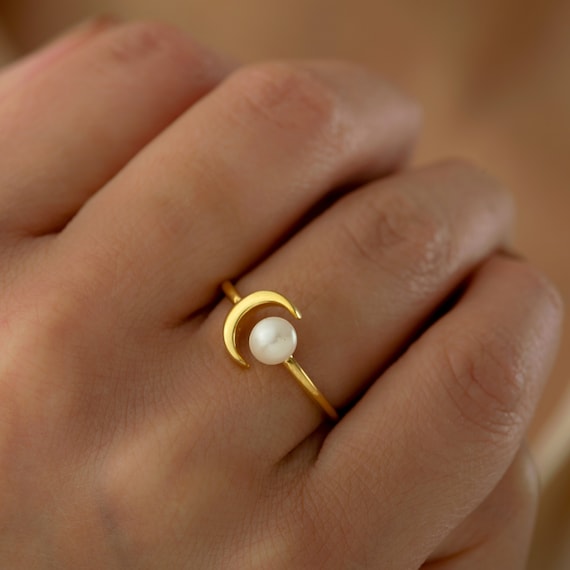 Sterling Silver Open Moon and Star Ring Crescent Moon Pearl Ring