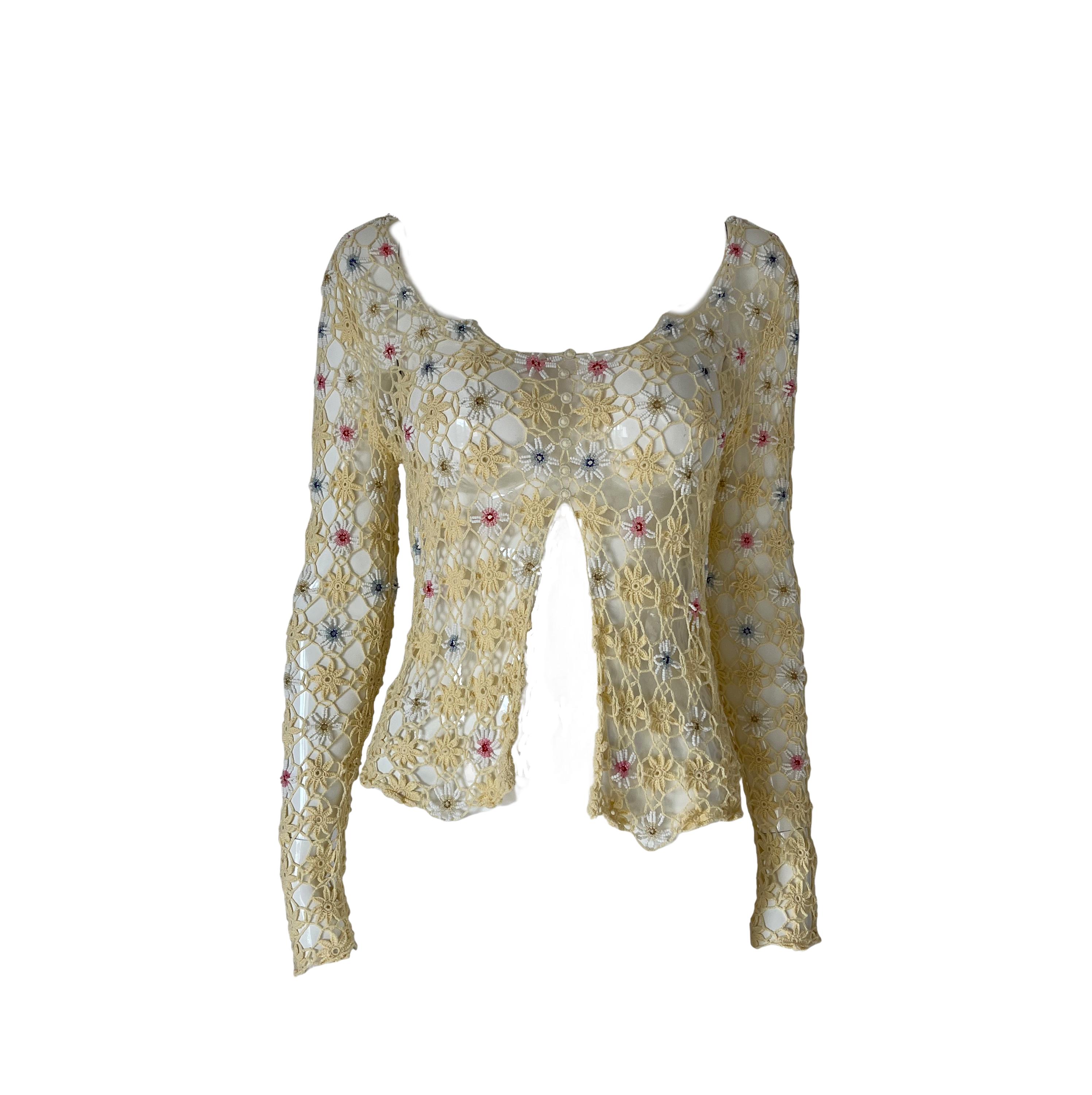 Vintage Moschino Cheap & Chic Crochet Knit Floral Cardigan with Beaded Details