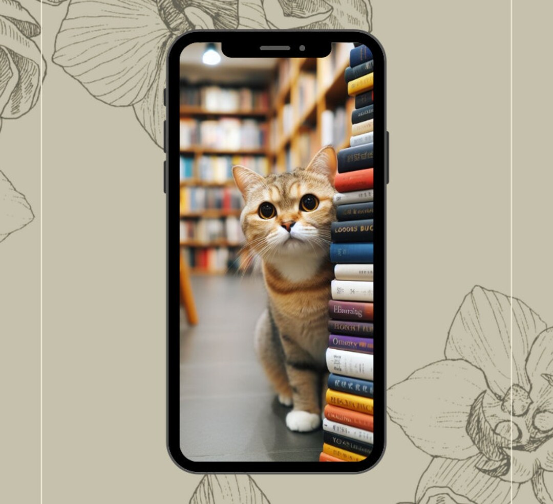Bookstore Cat iPhone Wallpaper Digital Download Aesthetic Phone