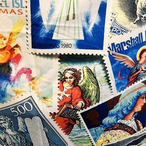 May include: A selection of vibrant postage stamps with angel imagery. The stamps display diverse designs, including angels playing instruments, holding books, and in prayer. Some stamps feature text such as "Christmas 1980" and "Marshall Islands".