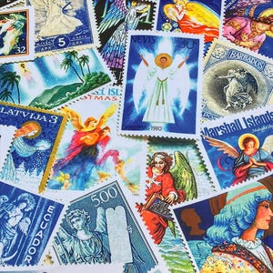 May include: A selection of colourful postage stamps depicting angels and religious imagery. Stamps include text such as "Christmas 1980", "Nevis", and "Barbados". The stamps are of various sizes and shapes, with a variety of colours.