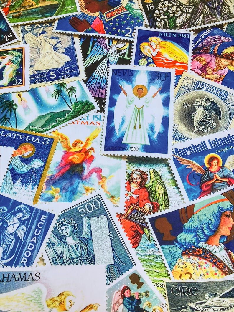 May include: A selection of colourful postage stamps depicting angels and religious imagery. Stamps include text such as "Christmas 1980", "Nevis", and "Barbados". The stamps are of various sizes and shapes, with a variety of colours.