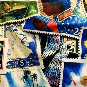 May include: A fabric with a collection of vintage postage stamps. The stamps showcase diverse imagery, including angels, religious figures, and landscapes. The colour scheme incorporates blues, greens, and oranges. Some stamps display text and numbers, such as "25&cent;" and "32".