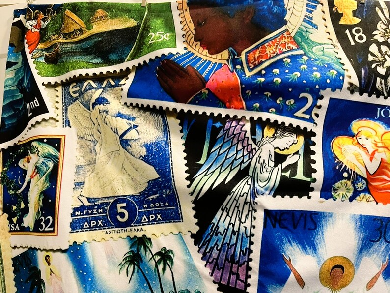 May include: A fabric with a collection of vintage postage stamps. The stamps showcase diverse imagery, including angels, religious figures, and landscapes. The colour scheme incorporates blues, greens, and oranges. Some stamps display text and numbers, such as "25&cent;" and "32".
