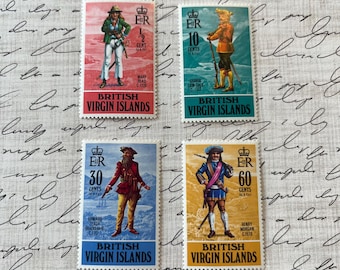Vintage Pirate Stamps / Set of 4 / British Virgin Islands / New / Blackbeard + others
