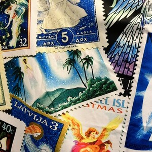 May include: Fabric detail with a collage of postage stamp designs. Stamps showcase angels, tropical scenes, and landscapes in blue, green, and orange hues. Text includes "LATVIJA 3" and "CHRISTMAS 1980".