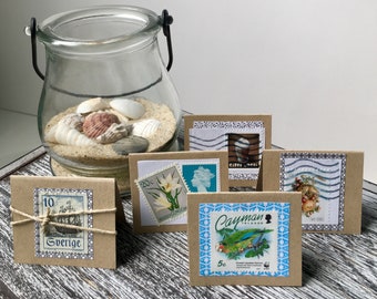 Vintage Stamps Mini Note Cards on Recycled Cardstock Set of 5 Unique designs ~ No two are exactly alike! Mini cards for your special message