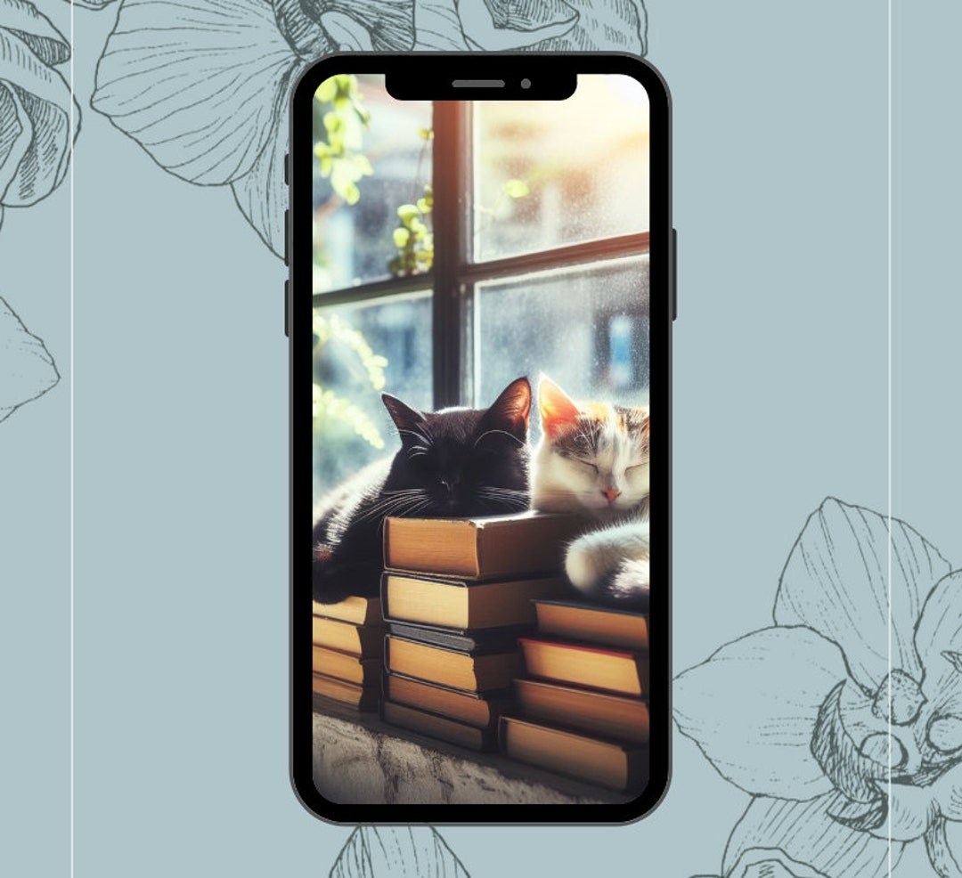 Bookstore Cats iPhone Wallpaper Digital Download Aesthetic Phone