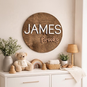 Könnte beinhalten: Ein rundes Holzschild mit dem Namen "JAMES Brooks" in weißen und braunen Buchstaben hängt an einer Wand. Darunter befindet sich eine weiße Kommode mit einem Teddybären, Holzspielzeug, einem Regenbogen und einem Weidenkorb. Eine Lampe und Pflanzen sind ebenfalls zu sehen.