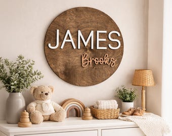 Baby Name Sign for Nursery, Wooden Round Decor,  Baby Shower Gift