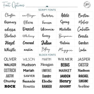 May include: A chart displaying font options, including script and block fonts. Script fonts include Clayton, Summer, and Adele. Block fonts include Oliver, Walker, and Ostrich. The text "Font Options" is at the top.