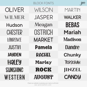 K&ouml;nnte beinhalten: Eine Tabelle mit dem Wort "BLOCK FONTS" oben. Die Tabelle zeigt verschiedene Schriftarten in schwarzem Text auf wei&szlig;em Hintergrund. Die Schriftarten sind in drei Spalten angeordnet. Die Schriftarten sind: OLIVER, WILSON, MARTIN, WILMER, JASPER, WALKER, HUDSON, MEAGAN, BEBAS, CHESTER, OSTRICH, MARIAH, LAWRENCE, MARKET, MADISON, JUSTIN, PAMELA, DANDRE, JAYDEN, RACHEL, CHUNKY, HALEY, MARLEY, TERSERAH, SUNSHINE, ROCK, JINZEL, WESTERN, AUGUST, CANDY.