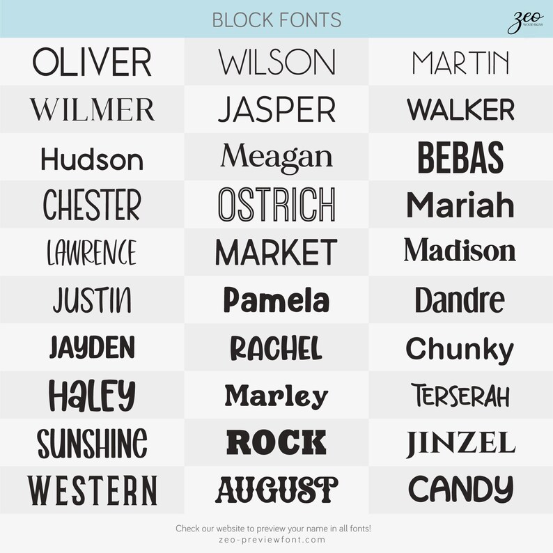 K&ouml;nnte beinhalten: Eine Tabelle mit dem Wort "BLOCK FONTS" oben. Die Tabelle zeigt verschiedene Schriftarten in schwarzem Text auf wei&szlig;em Hintergrund. Die Schriftarten sind in drei Spalten angeordnet. Die Schriftarten sind: OLIVER, WILSON, MARTIN, WILMER, JASPER, WALKER, HUDSON, MEAGAN, BEBAS, CHESTER, OSTRICH, MARIAH, LAWRENCE, MARKET, MADISON, JUSTIN, PAMELA, DANDRE, JAYDEN, RACHEL, CHUNKY, HALEY, MARLEY, TERSERAH, SUNSHINE, ROCK, JINZEL, WESTERN, AUGUST, CANDY.