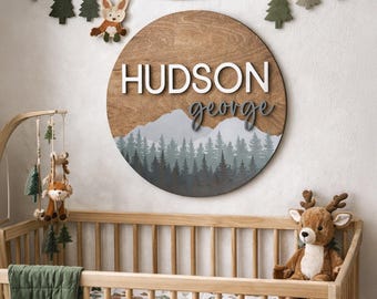 Woodland Theme Nursery Sign, Pine Tree Mountain Decor, Nursery Name Sign, Wildlife Nursery Decor, 3D Round Wood