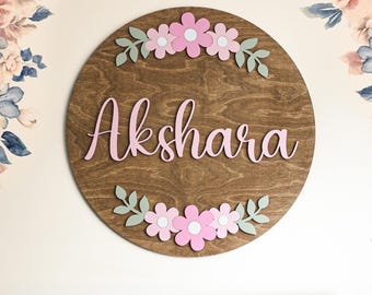 Floral Wood Round Name Sign, Girl Nursery Decor