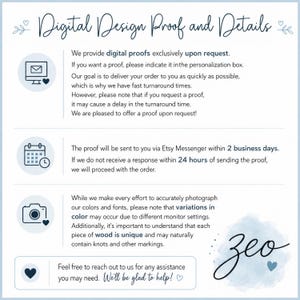 May include: A light blue and white digital design proof details page with text and illustrations. The text includes information about digital proofs, turnaround times, and variations in color. The page also features a handwritten signature and heart icons.
