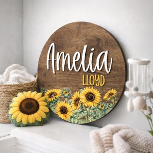 Personalized Sunflower Wood Name Sign, 3D Floral Nursery Decor, Baby Girl Room Round Sign