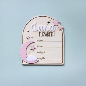 Geburtsanzeige Zeichen, Mond Geburtszeichen, Celestial Baby Namensschild, Namens Plakette, Neugeborenen Foto Requisite