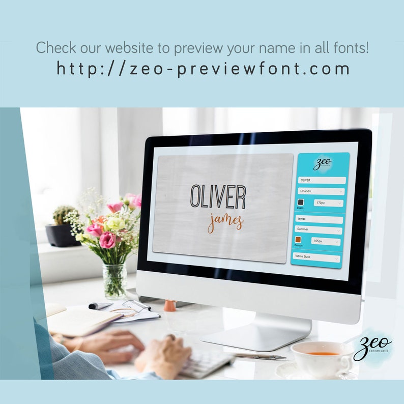 K&ouml;nnte beinhalten: Ein Computerbildschirm zeigt eine Website mit einem Namensvorschau-Tool. Der Name "OLIVER james" wird in brauner Schrift auf einem Holzmaserungshintergrund angezeigt. Die Website hei&szlig;t "zeo-previewfont.com".
