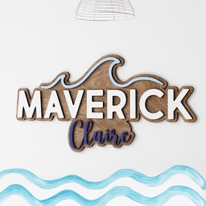 Personalized Wood Name Sign, Ocean Wave Nursery Sign, Layered Name Sign, Coastal Nurser Decor, Baby Shower, Boys Room Decor