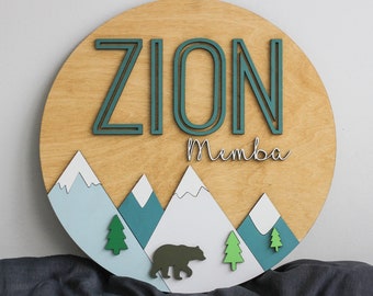 Mountain Baby Sign l Round Wood Name Sign l Woodland Nursery Wall Art l Newborn Baby Sign l Wood Decor l Mountain Wood Wall Art