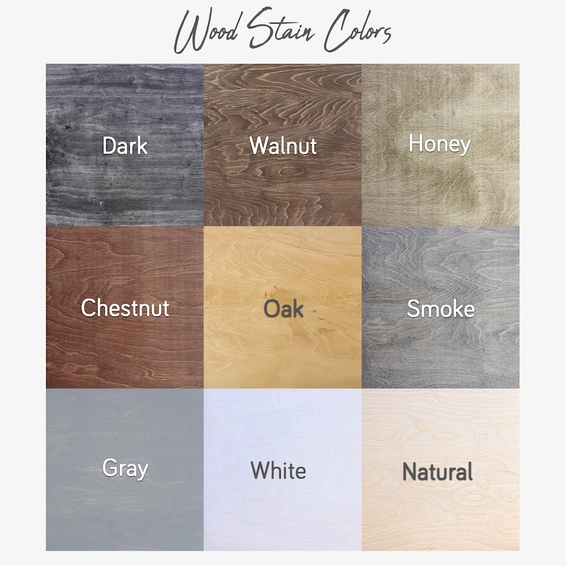 K&ouml;nnte beinhalten: Neun Holzbeizfarbmuster, beschriftet mit "Dark", "Walnut", "Honey", "Chestnut", "Oak", "Smoke", "Gray", "White" und "Natural".