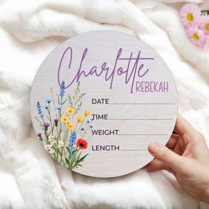 Signe statistique de naissance de bébé, signe de fleurs de bébé fille, décoration de baby shower de fleurs sauvages, faire-part de nom, faire-part de naissance d'hôpital, signe floral de Stat