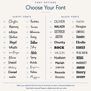 May include: A font selection chart titled FONT OPTIONS Choose Your Font, divided into two columns labeled SCRIPT FONTS and BLOCK FONTS. Each column lists 24 numbered font styles with names like Clayton, Rosemary, OLIVER, and WALKER displayed in their respective typefaces.