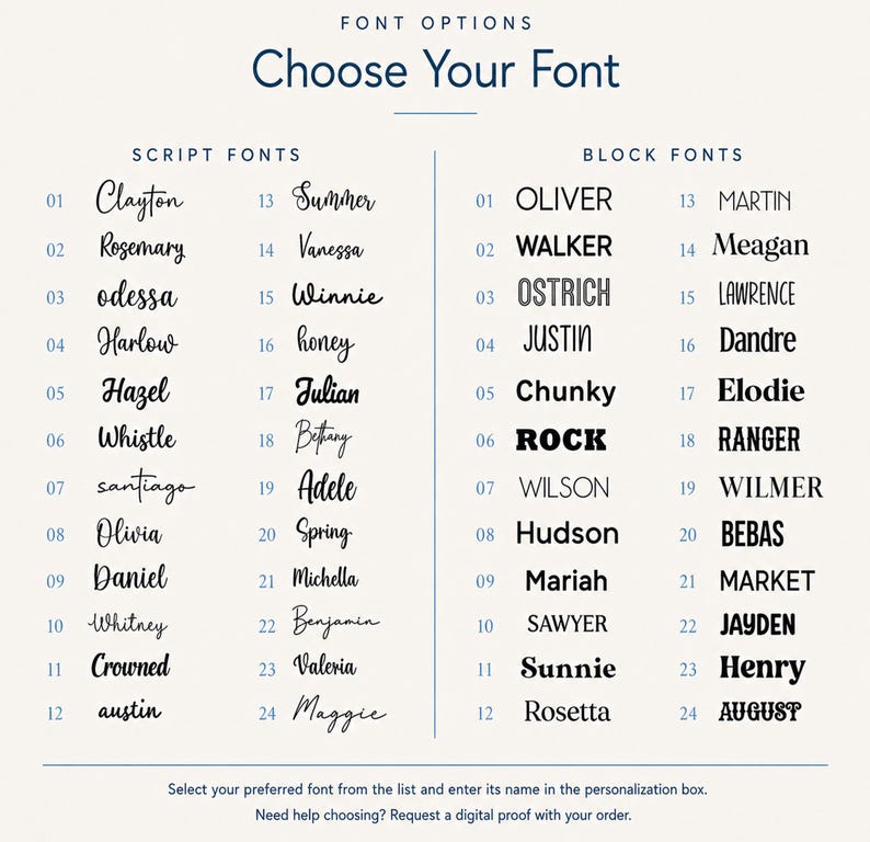 May include: A font selection chart titled FONT OPTIONS Choose Your Font, divided into two columns labeled SCRIPT FONTS and BLOCK FONTS. Each column lists 24 numbered font styles with names like Clayton, Rosemary, OLIVER, and WALKER displayed in their respective typefaces.