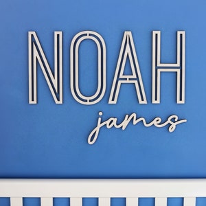 May include: Wooden wall art spelling out the name "NOAH" in large, block letters, with the name "james" in a cursive font below. The letters are light-colored against a blue background, with a white crib rail at the bottom.