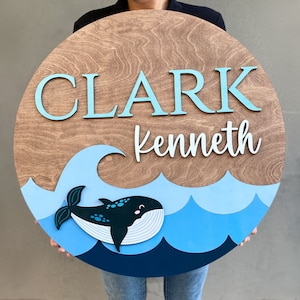 Ocean Whale Theme Round Sign l Nursery Nautical Theme l Ocean Kids Room Decor l New Baby Gift l Baby Name Sign