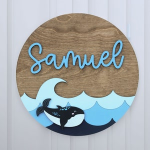 Ocean Theme Round Sign l Whale Baby Name Sign l Nursery Wall Sign l Custom Circle Sign