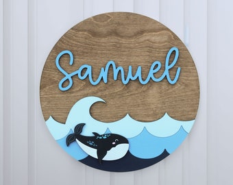 Ocean Theme Round Sign l Whale Baby Name Sign l Nursery Wall Sign l Custom Circle Sign