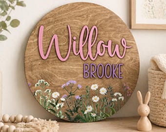 Wildflower Nursery Sign, Personalized 3D Round Wooden Name Sign, Boho Floral Baby Decor