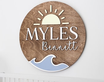 Coastal Nursery Name Sign: Sun & Waves, Beach Theme, Wooden Round