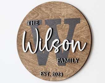 May include: A round wooden sign with the text "THE Wilson FAMILY EST. 2023". The sign has a dark gray "W" in the center, with the family name in white script. The background is a light brown wood grain.