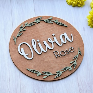 Nursery Name Sign, Round Wood Name Sign, Greenery Sign, Baby Girl Sign, Flower Nursery Sign, Above Crib Name Sign, Nursery Decor