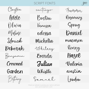 K&ouml;nnte beinhalten: Eine Tabelle mit verschiedenen Schriftarten in Schreibschrift, darunter Clayton, Adele, Olivia, Malone, Yorick, Deborah, Benjamin, Crowned, Garden, Bethany, Santiago, Boston, Vanessa, Odessa, Michella, Whitney, Brenda, Julian, Whistle, Samuel, Summer, Rosemary, Spring, Daniel, Macaron, Honey, Hazel, Valeria, Austin und Landon.