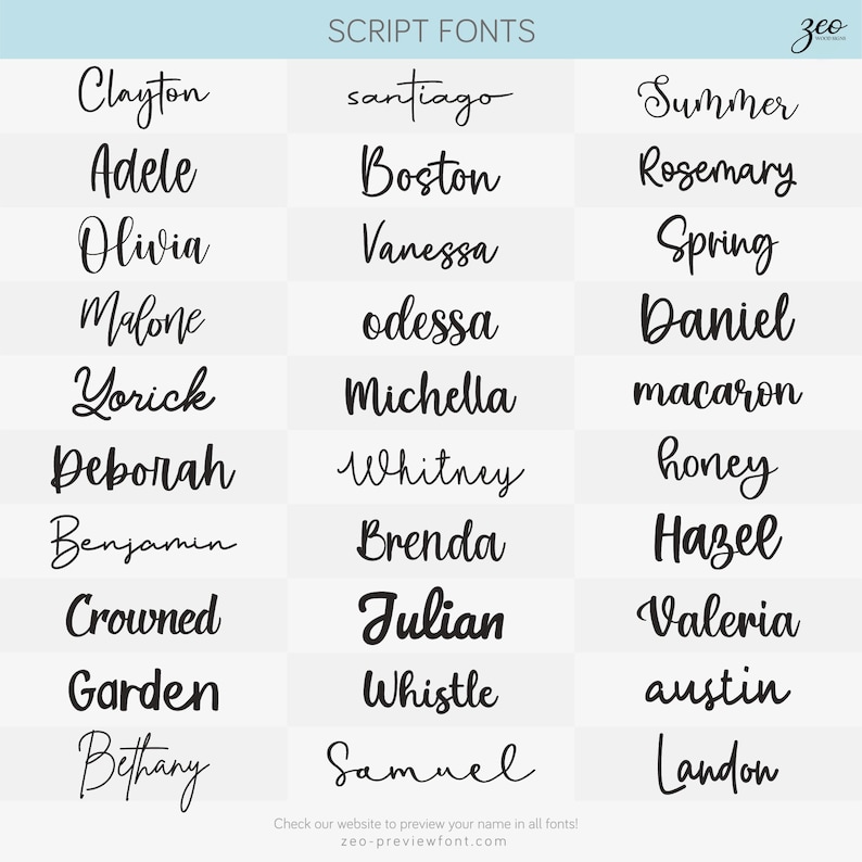 K&ouml;nnte beinhalten: Eine Tabelle mit verschiedenen Schriftarten in Schreibschrift, darunter Clayton, Adele, Olivia, Malone, Yorick, Deborah, Benjamin, Crowned, Garden, Bethany, Santiago, Boston, Vanessa, Odessa, Michella, Whitney, Brenda, Julian, Whistle, Samuel, Summer, Rosemary, Spring, Daniel, Macaron, Honey, Hazel, Valeria, Austin und Landon.