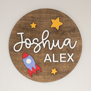 Nursery Name Sign l Space Theme Sign l Rocket and Stars Round Sign l Space Wall Art l Boy Nursery Sign l Above Crib Sign