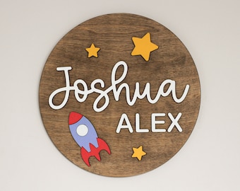 Space Nursery Name Sign: 3D Rocket and Stars, Round Wood Sign
