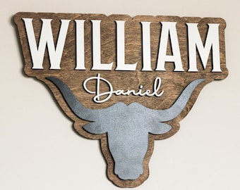 Western Baby Sign l Bull Horn Baby Name Sign l Western Nursery Decor l Longhorn Name Sign l Bull Horn Child Name Sign l Rodeo Sign