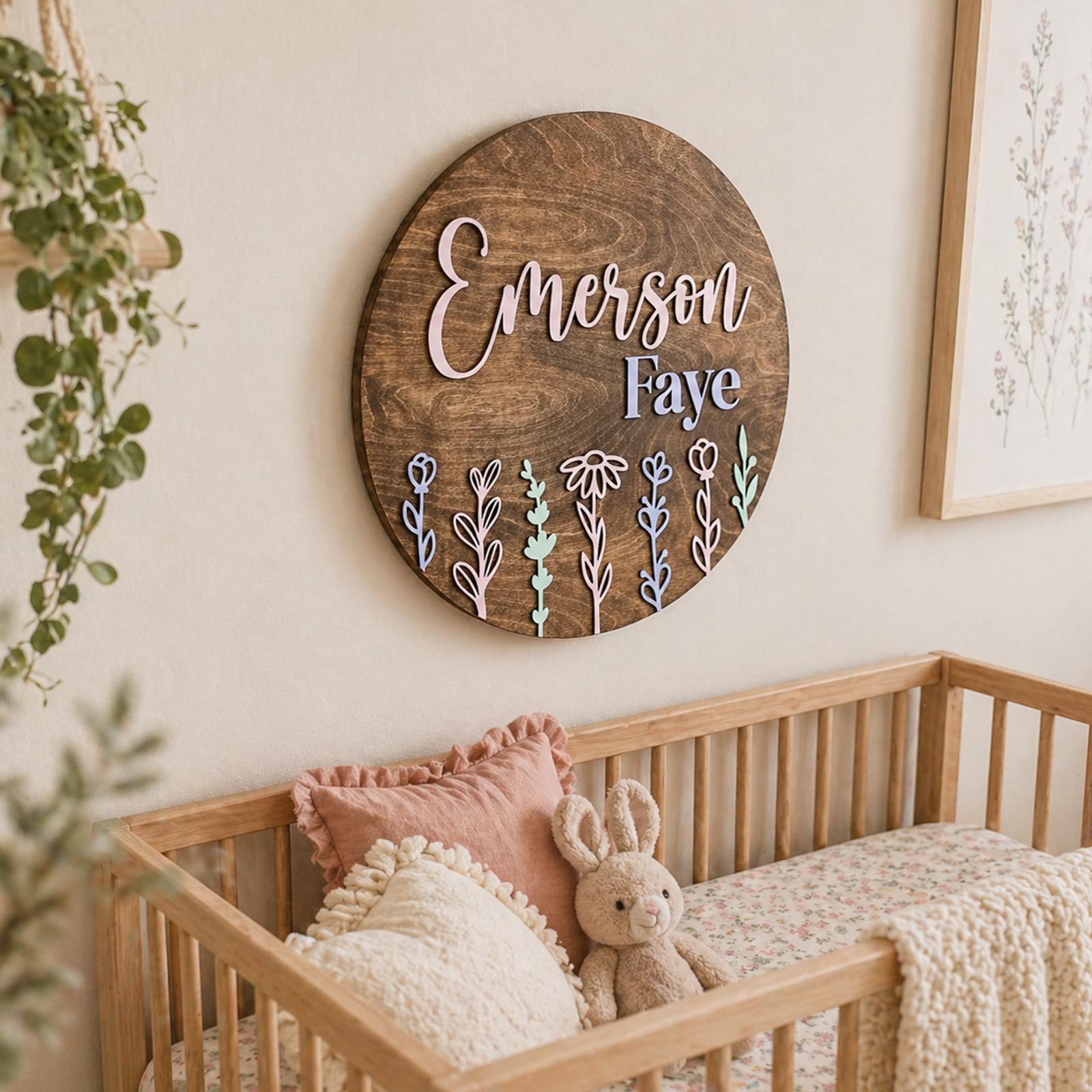 Custom Floral Nursery Name Sign: Round Birch Wood Plaque - Etsy