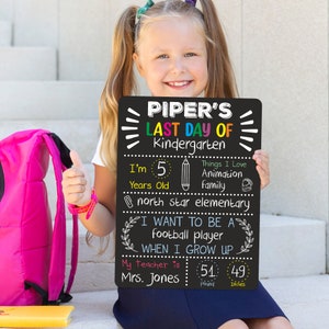 May include: A black chalkboard sign with the text "PIPER'S LAST DAY OF Kindergarten" and a girl holding the sign. The sign also includes the girl's age, favourite things, school name, and future aspirations.
