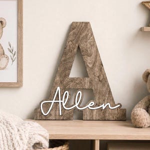 May include: A large, capital letter A cut from wood with a visible brown grain pattern. Attached to the front of the wooden letter is a white, cursive script cutout of the name Allen. The piece is designed to stand upright on a flat surface.